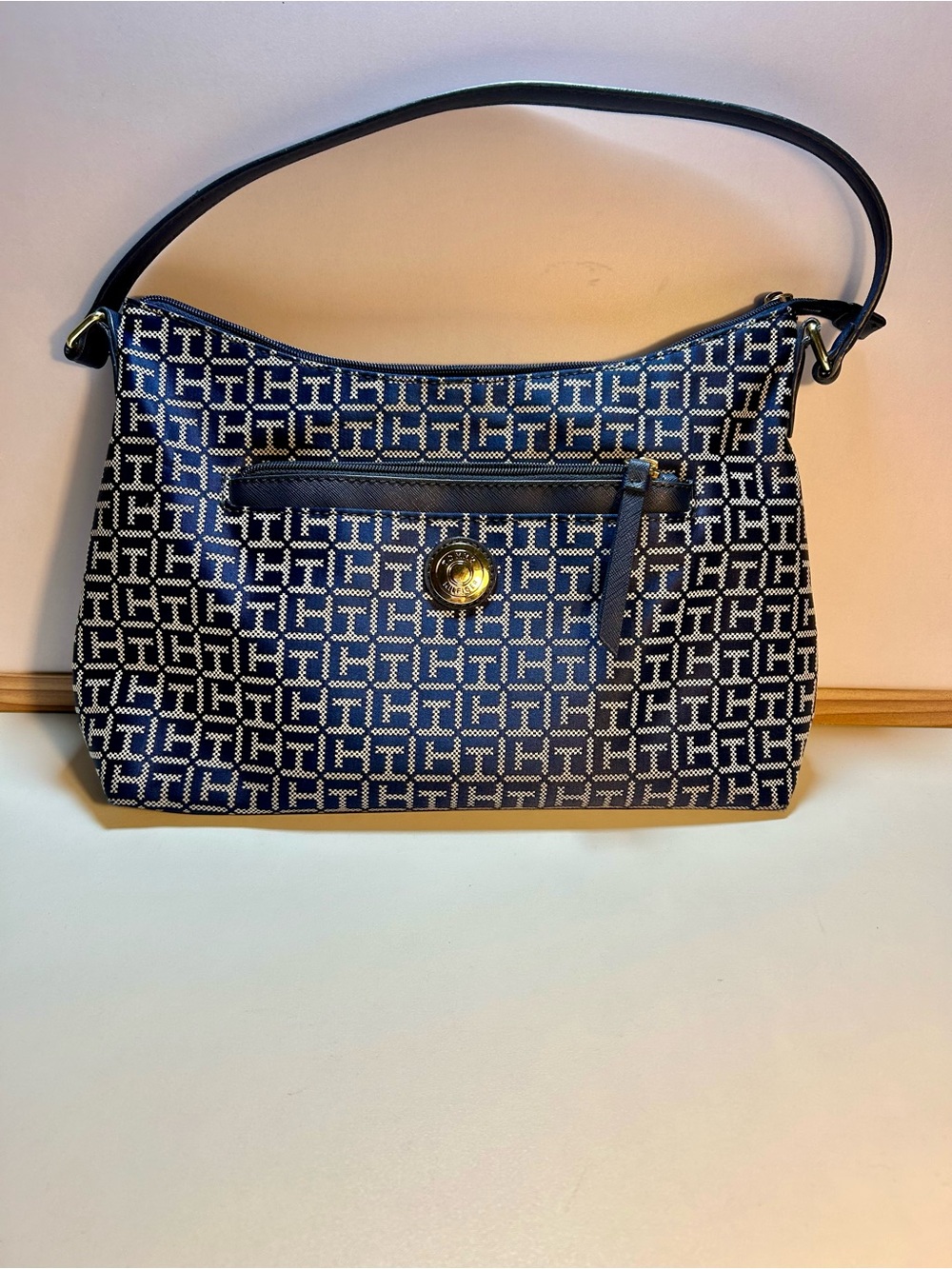 Tommy Hilfiger Blue Monogram Zippered Logo Shoulder Bag with Gold-Tone Hardware